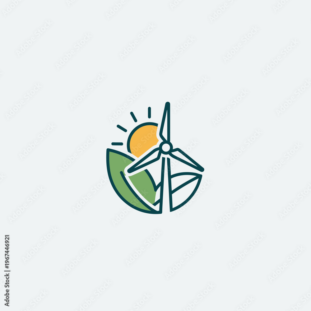 Obraz premium Ecofriendly wind turbine and sun logo representing sustainable energy solutions.