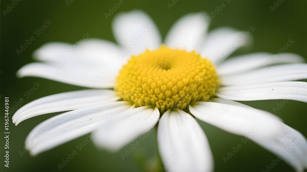 Fototapeta premium Close-up of a beautiful white daisy flower with a bright yellow center against a blurred green background, showcasing delicate petals and natural beauty