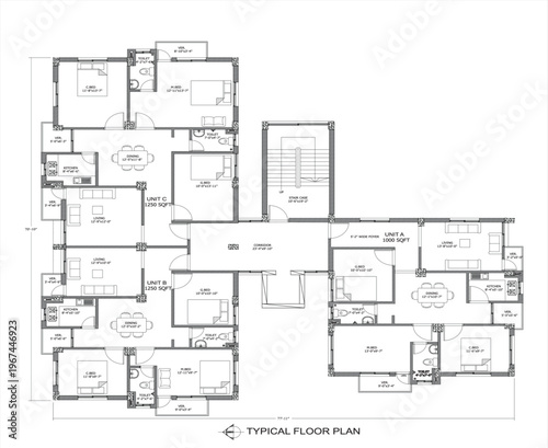 Typical residential architectural floor plan with furniture layout, clean CAD-style vector illustration isolated on white background, EPS 10.