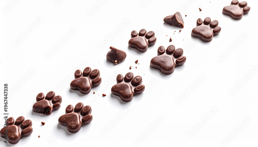 Naklejka premium A trail of delicious chocolate paw prints arranged diagonally with some crumbs and pieces scattered around, representing a sweet treat or pet-friendly dessert, isolated on a clean white background.