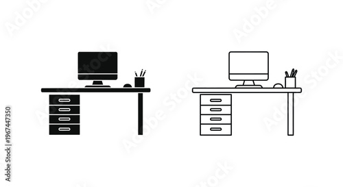 Office Desks with Computers and Drawers Vector