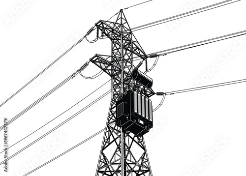 Black and white of a power transmission tower with insulators and wires power tower electricity