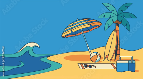Vibrant Summer Beach Landscape with Palm Tree and Ocean Vacation Elements