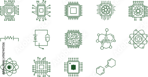 Set of electronic components and scientific symbols in green outline