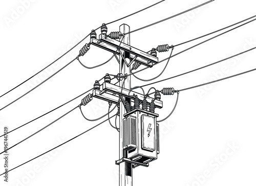 Black and white of electric power distribution pole with wires and transformer electric pole insulators