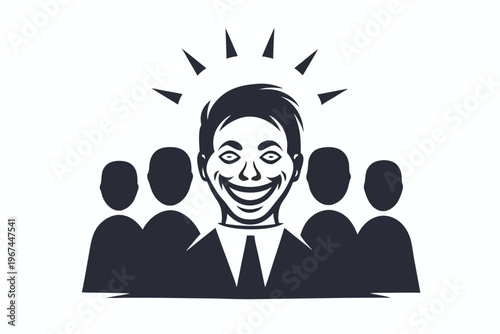 Smiling Face in a Diverse Crowd Outline, Optimistic Individual Silhouette Vector Illustration