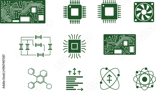 Collection of circuit boards and electronic components in green vector art