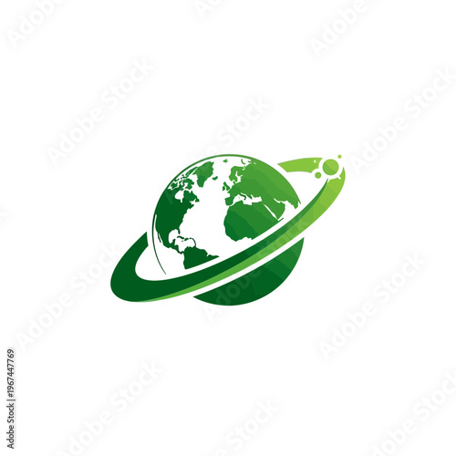 Green planet earth with orbital ring and a spacecraft travel concept.