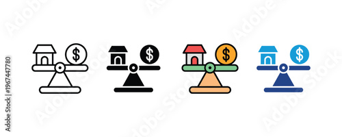 Real estate house and money scale for property value comparison icon set. Financial balance between home investment and market price symbols in multiple styles. Vector Illustration.