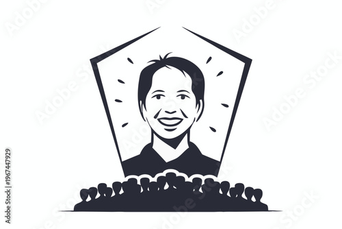 Unique Smiling Face in a Large Crowd, Minimalist Outline Vector for Social Psychology