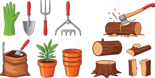 Gardening Tools and Wood Cutting Vector Set with Gloves, Shovel, Rake, Plant Pot, Axe, Logs, and Tree Stump