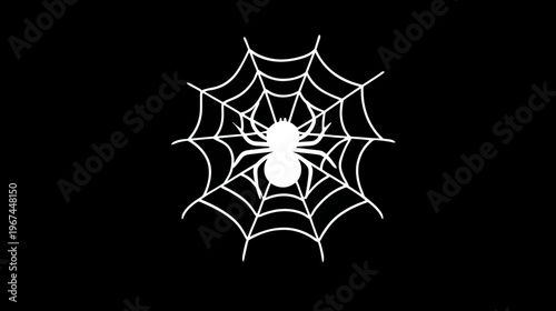 A white spider and its web against a black background. Simple, minimalist Halloween-themed design