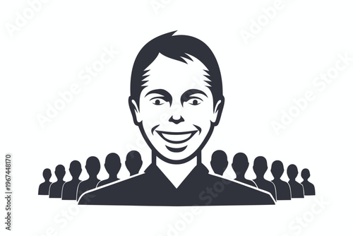 Smiling Face Silhouette in a Group, Optimistic Standout Concept Black and White Vector