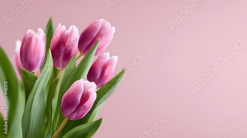 Fresh tulips in shades of pink stand against a soft background for Womens Day