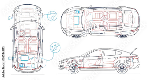 Electric Car Charging AutoCAD Blueprint Vector – Multi View EV Technical Drawing Pink and Light Blue Outline on White