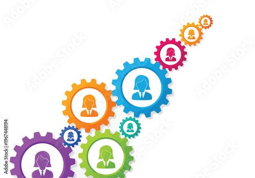 Infographic Vector A diagonal line of colorful gears with human icons demonstrates progression and interconnectedness.