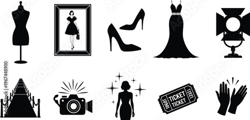 Black silhouettes of fashion and celebrity on white background fashion celebrity culture dress form frame