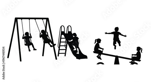 Playground, kids playground, black silhouette icons, children playing, outdoor playset