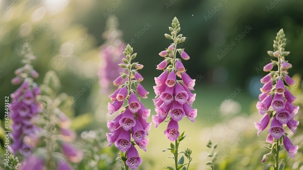Obraz premium Vibrant purple foxglove flowers stand tall, catching the soft golden light of a summer evening, creating a serene and picturesque botanical scene in a meadow