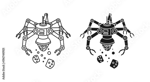 Futuristic spider robot vector set, mechanical robotic drone with multiple arms, industrial sci-fi machine icons for technology and automation
