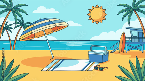 Idyllic summer beach scene with palm trees, ocean, sun, and vacation items