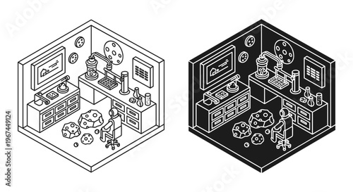 Isometric science laboratory vector set, futuristic research lab with robot and equipment, black and white line art of high-tech workspace