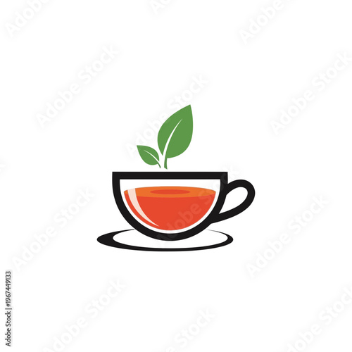 Elegant tea cup design with fresh green leaves perfect for branding.