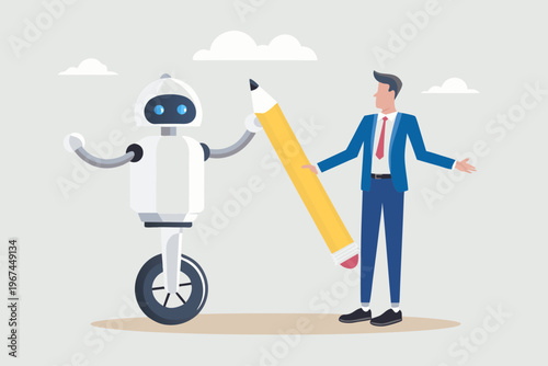 A businessman and a robot collaborate with a large yellow pencil