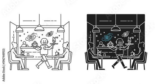 Futuristic robot waiter serving customers in space cafe, sci-fi restaurant interior with galaxy view, artificial intelligence service vector set