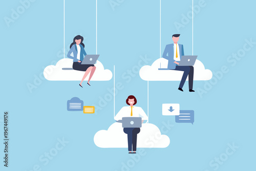 Foto People working remotely on cloud shaped platforms connected digitally