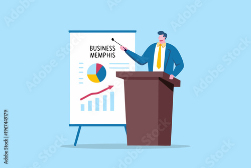 A businessman presenting data and charts at a business conference