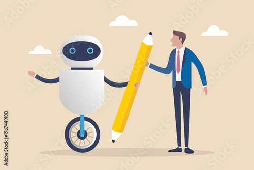 A businessman and a robot collaborate using a large pencil as tool