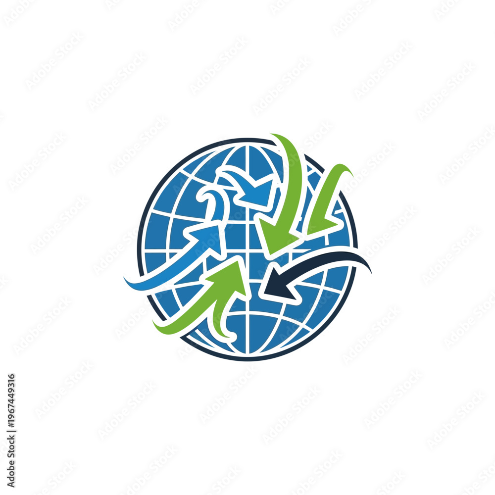 Obraz premium Global network of arrows around the world representing international trade and connections.