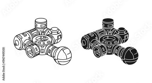 Futuristic space station modular base vector, isometric sci-fi habitat research facility icons, black and white technical satellite outpost illustration