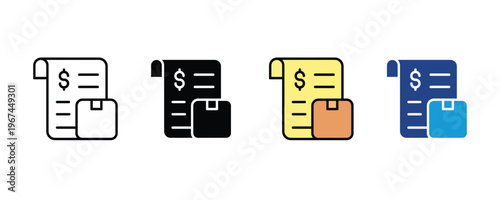 Logistics shipping invoice and parcel delivery billing document icon set. E-commerce order receipt and commercial shipment payment symbols in multiple styles. Vector Illustration.