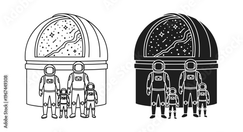 Astronaut family standing in front of space observatory, cosmic research station with galaxy view, black and white line art vector set