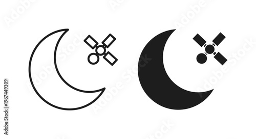 Minimalist satellite and crescent moon icons, orbital technology vector set, black and white space communication symbols for web design