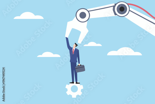 A robotic arm reaches down towards a businessman with a briefcase