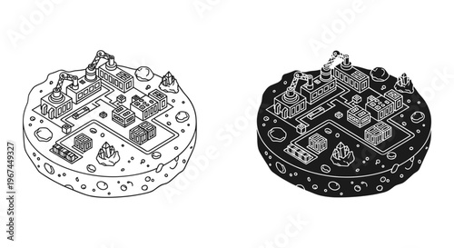 Isometric lunar base vector set, futuristic moon colony with research modules and robotic arms, space station outpost on cratered asteroid surface