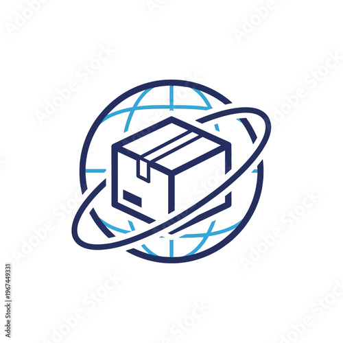 Global shipping and logistics concept with a package and globe illustration.