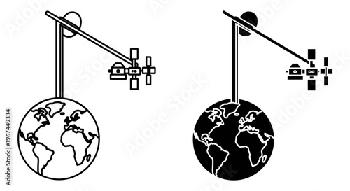 Space elevator concept vector icons, futuristic orbital transportation system from Earth to satellite, black and white science fiction technology