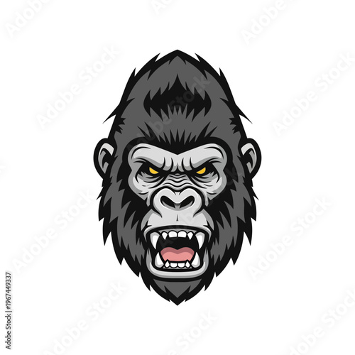 Intense gorilla face illustration showcasing raw power and aggression with sharp teeth.