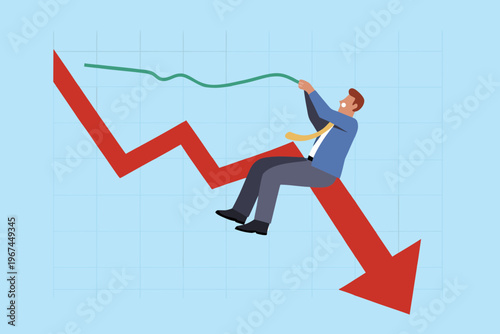 Businessman struggling to climb a declining red line graph facing challenges