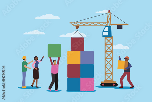Construction workers collaborate to build a colorful structure with a crane