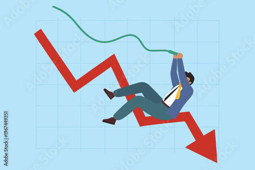 A businessman struggles to hold onto a declining graph symbolizing market failure
