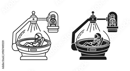Futuristic cryosleep chamber vector icons, astronaut in stasis pod for deep space travel, sci-fi hibernation capsule line art and silhouette