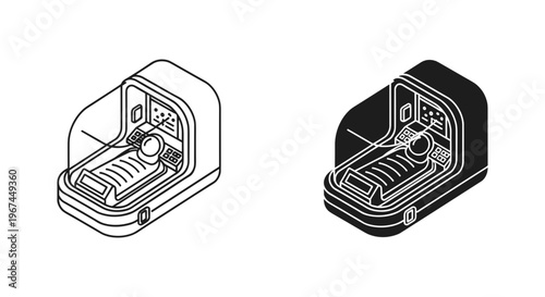 Isometric futuristic sleeping pod vector set, modern capsule hotel bed icons, minimalist sci-fi cryo chamber and recovery station illustrations