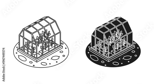 Isometric greenhouse vector icons, glass hothouse with growing plants, garden nursery conservatory line art and solid silhouette set