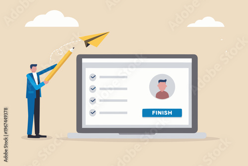 Man launching a paper airplane from a pencil towards a laptop screen