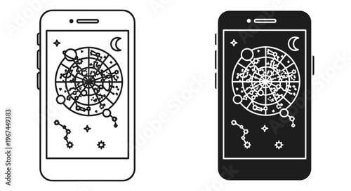 Astrology mobile app interface with zodiac wheel and constellations, mystical smartphone screen vector, celestial horoscope application icons